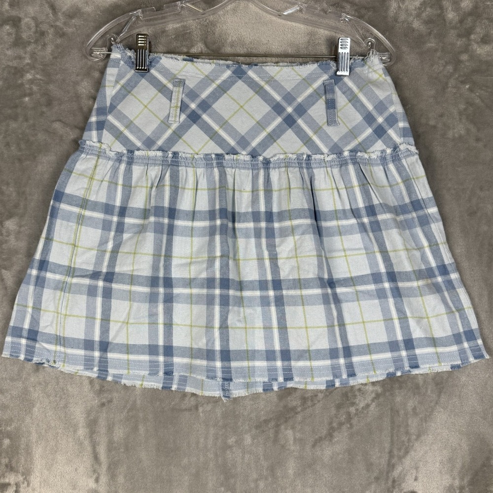Y2K Guess Jeans Blue Plaid‎ Ruffle Mini Skirt Women Size 26 Distressed Hem